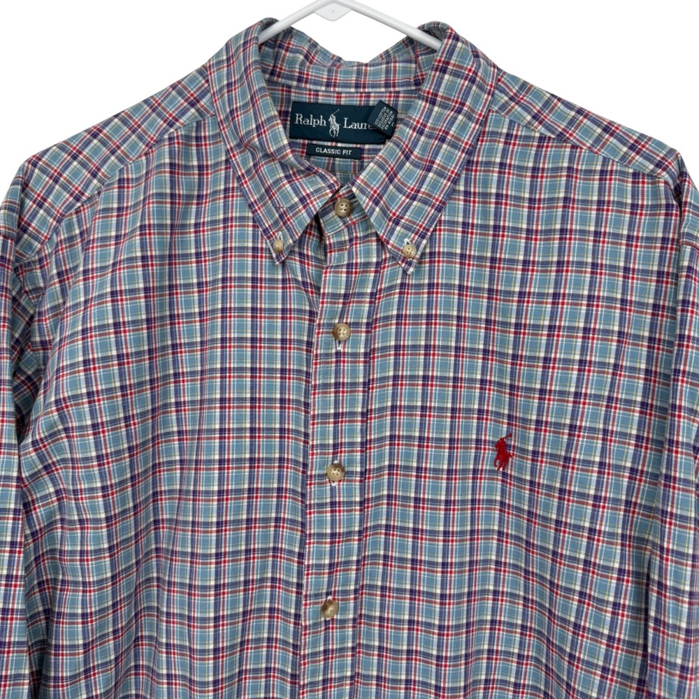 Ralph Lauren Classic Fit Plaid Button Down Shirt Mens XXL Blue Red Cotton Flaw